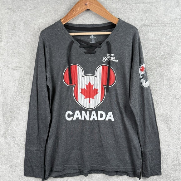 Disney Tops - Disney Shirt Women XL Canada Mickey Epcot World Showcase Hockey Lace Up Neck L/S